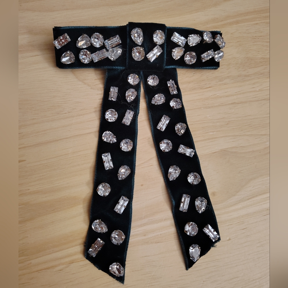 Anthropologie Emerald Green Velvet Crystal Bow Hair Clip Barrette